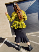 long sleeve crushed green velvet double breasted top with long peplum hem women's vintage