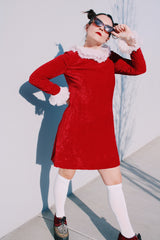 red crushed velvet dress with white ruffle trim long sleeve knee length vintage 1970's