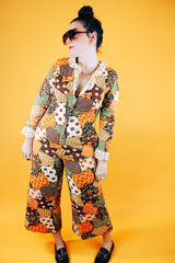 long sleeve quilted jumpsuit with eyelet trim vintage women's 1970's