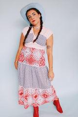 short sleeve maxi dress with patchwork print vintage 1970's