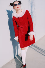 red crushed velvet dress with white ruffle trim long sleeve knee length vintage 1970's