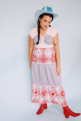 short sleeve maxi dress with patchwork print vintage 1970's