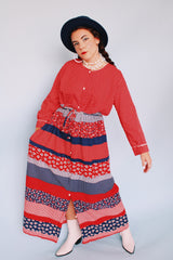 long sleeve red white and navy printed maxi dress with tie belt vintage 1970's