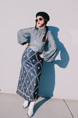 silver metallic ankle length skirt with white beads all over vintage 1970's