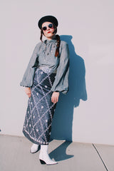 silver metallic ankle length skirt with white beads all over vintage 1970's