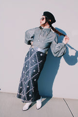 silver metallic ankle length skirt with white beads all over vintage 1970's