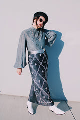 silver metallic ankle length skirt with white beads all over vintage 1970's