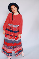 long sleeve red white and navy printed maxi dress with tie belt vintage 1970's