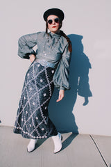 silver metallic ankle length skirt with white beads all over vintage 1970's