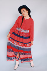 long sleeve red white and navy printed maxi dress with tie belt vintage 1970's