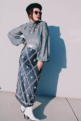 silver metallic ankle length skirt with white beads all over vintage 1970's