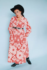 long sleeve printed maxi dress polyester duster in red and white vintage 1970's