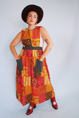 yellow red brown and black printed sleeveless ankle length apron pinafore dress vintage 1970's