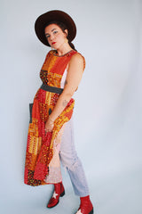 yellow red brown and black printed sleeveless ankle length apron pinafore dress vintage 1970's