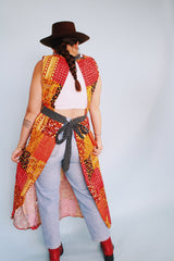 yellow red brown and black printed sleeveless ankle length apron pinafore dress vintage 1970's