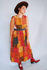 yellow red brown and black printed sleeveless ankle length apron pinafore dress vintage 1970's