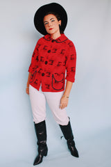 3/4 arm length red wagon print quilted cotton jacket with wagon wheel buttons vintage women's 1960's