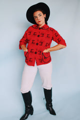 3/4 arm length red wagon print quilted cotton jacket with wagon wheel buttons vintage women's 1960's