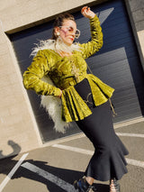 long sleeve crushed green velvet double breasted top with long peplum hem women's vintage