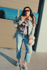 grey leather long coat with white fur trim vintage 1970's women's