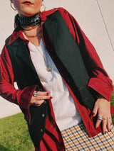 Men's vintage 1970's JCPenney Towncraft label long sleeve button up shirt with a pointy collar in maroon colored lightweight polyester material with white contrast stitching and a left chest pocket.