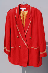 red linen blazer with gold metallic trim double breasted closure vintage men's 1980's