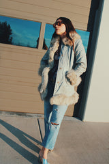 grey leather long coat with white fur trim vintage 1970's women's