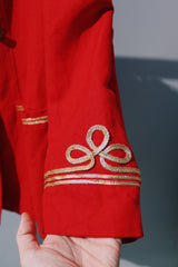 red linen blazer with gold metallic trim double breasted closure vintage men's 1980's