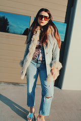 grey leather long coat with white fur trim vintage 1970's women's