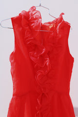 sleeveless ankle length red dress with ruffle trim vintage 1970's