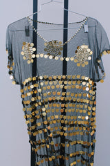 black sheer mesh short sleeve slip dress with gold metallic sequins all over vintage women's