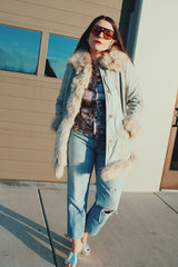 grey leather long coat with white fur trim vintage 1970's women's