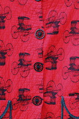 3/4 arm length red wagon print quilted cotton jacket with wagon wheel buttons vintage women's 1960's