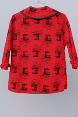 3/4 arm length red wagon print quilted cotton jacket with wagon wheel buttons vintage women's 1960's