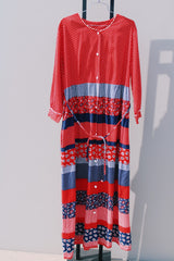 long sleeve red white and navy printed maxi dress with tie belt vintage 1970's