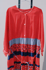 long sleeve red white and navy printed maxi dress with tie belt vintage 1970's