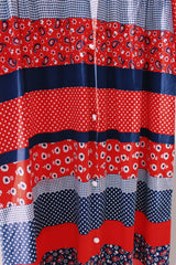 long sleeve red white and navy printed maxi dress with tie belt vintage 1970's