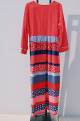 long sleeve red white and navy printed maxi dress with tie belt vintage 1970's