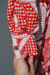 long sleeve printed maxi dress polyester duster in red and white vintage 1970's