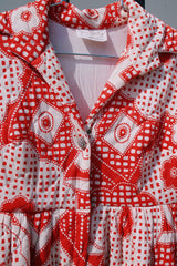 long sleeve printed maxi dress polyester duster in red and white vintage 1970's