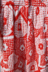 long sleeve printed maxi dress polyester duster in red and white vintage 1970's