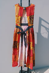 yellow red brown and black printed sleeveless ankle length apron pinafore dress vintage 1970's