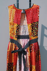 yellow red brown and black printed sleeveless ankle length apron pinafore dress vintage 1970's