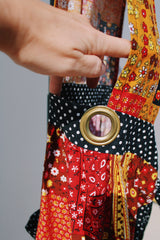 yellow red brown and black printed sleeveless ankle length apron pinafore dress vintage 1970's