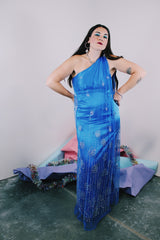 Women's 1980's Alyce Designs label one shoulder sleeveless ankle length bright blue maxi dress with a mesh overlay that has an all over glitter print