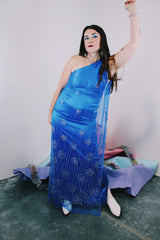 Women's 1980's Alyce Designs label one shoulder sleeveless ankle length bright blue maxi dress with a mesh overlay that has an all over glitter print