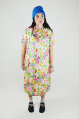 short sleeve floral printed shift dress in pink yellow and green vintage 1960's