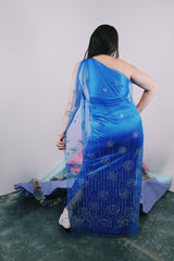 Women's 1980's Alyce Designs label one shoulder sleeveless ankle length bright blue maxi dress with a mesh overlay that has an all over glitter print