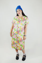 short sleeve floral printed shift dress in pink yellow and green vintage 1960's
