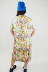 short sleeve floral printed shift dress in pink yellow and green vintage 1960's